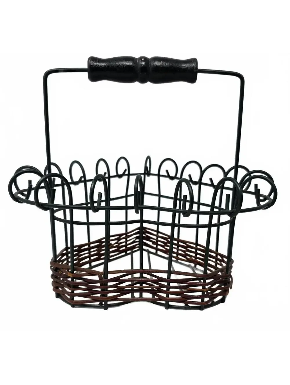 Vintage Heart Wire Basket Set of 2 Green Brown Wicker Farmhouse Wood Handles